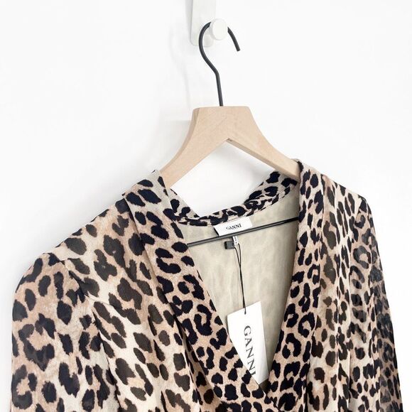 GANNI Mullin Georgette Leopard Print Wrap Maxi Dress Brown Women's 36 US S NEW - Picture 5 of 11